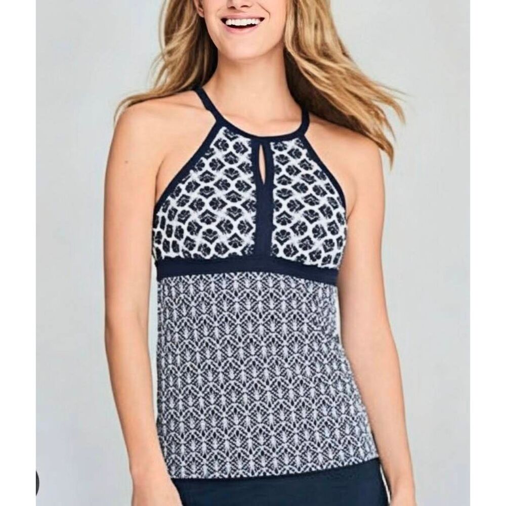 Lands End Navy & White geometric halter neck tankini swim top womens 4